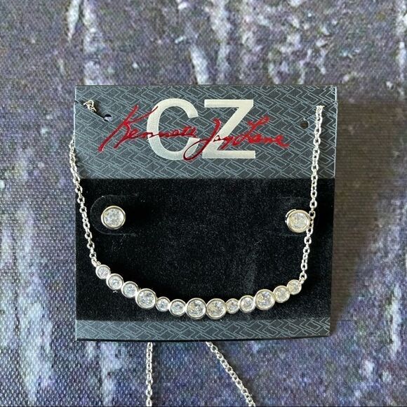 4CTTW Round CZ Bezel Bar Necklace with Bezel Stud Earrings - Picture 6 of 9